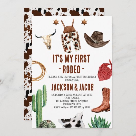 ツインボーイズ私の最初のロデオカウボーイ1st誕生日 招待状 (正面/裏面)