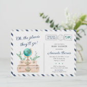 ツインボーイズ航空旅行ベビーシャワースーツケースシック 招待状 (スタンド正面)