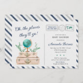 ツインボーイズ航空旅行ベビーシャワースーツケースシック 招待状 (正面/裏面)