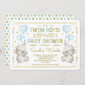 ツインボーイズ象ベビーシャワーブルー金ゴールドジャングル 招待状 (正面/裏面)