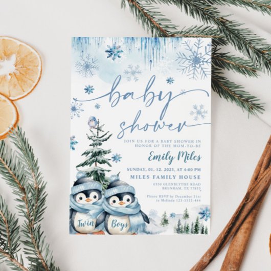 ツインボーイズ赤ちゃんシャワー冬ペンギンブルー 招待状