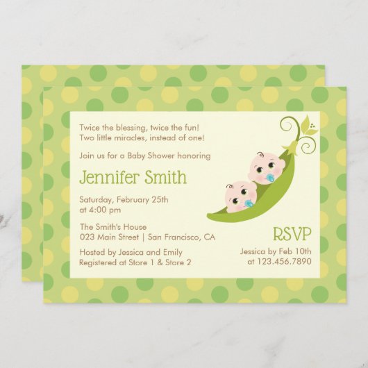 ツインボーイズ赤ちゃんシャワー招待状2つのエンドウ 招待状 (正面/裏面)