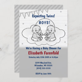 ツインボーイズ雲の赤ちゃんシャワー灰色の色合いを期待 招待状