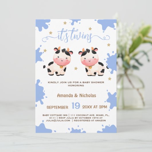 ツインボーイズ青い牛の赤ちゃんシャワーboho 招待状 (スタンド正面)