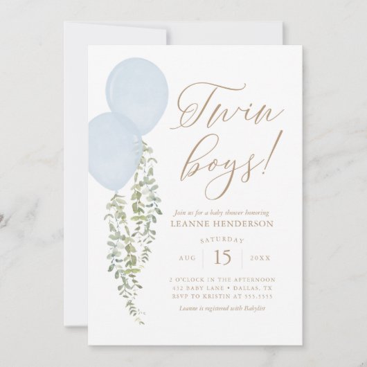 ツインボーイズ青バルーンユーカリプタスベイビーシャワー 招待状 (正面)