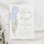 ツインボーイズ青バルーンユーカリプタスベイビーシャワー 招待状