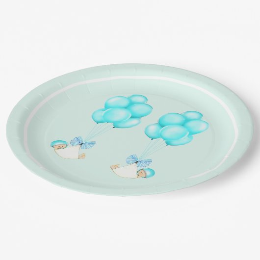 ツインボーイズ青バルーン赤ちゃんシャワー ペーパープレート (アングル)