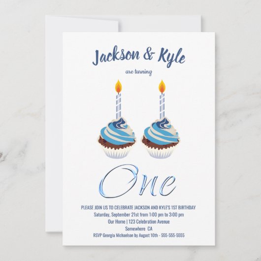 ツインボーイズ1stバースデーブルーカップケーキパーティー 招待状 (正面)