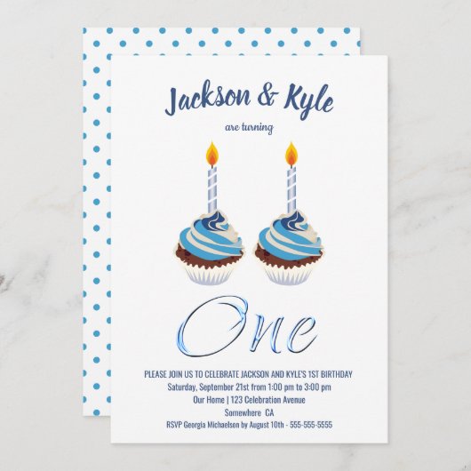 ツインボーイズ1stバースデーブルーカップケーキパーティー 招待状 (正面/裏面)