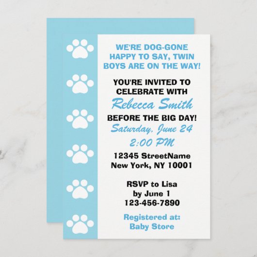 ツインボーイズ – 犬をテーマにしたベビーシャワー招待状 招待状 (正面/裏面)