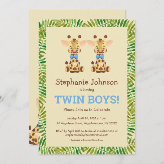 ツインボーイズSafariキリンかわいい赤ちゃんシャワー 招待状 (正面/裏面)