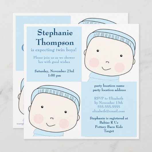 ツインボーイブルーブロックズベビーシャワー招待状 招待状 (正面/裏面)