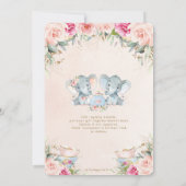 ツインボーイ女の子エレファントピンクフローラティーベイビーシャワー 招待状 (裏面)