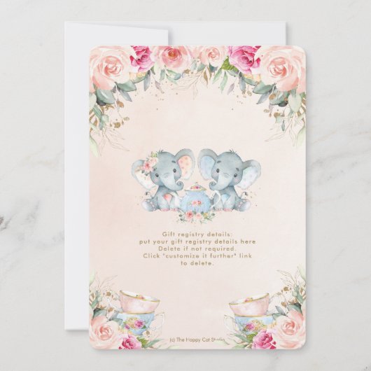 ツインボーイ女の子エレファントピンクフローラティーベイビーシャワー 招待状 (裏面)