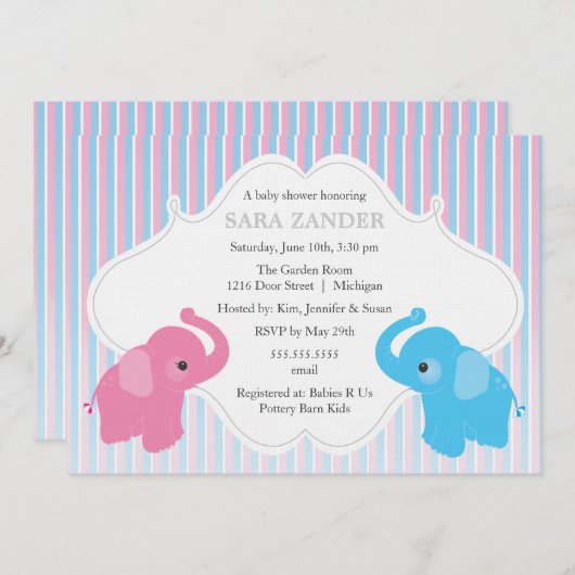 ツインボーイ&ガールエレファントベビーシャワー招待状 招待状 (正面/裏面)