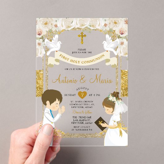 ツインボーイ&ガールホワイトフラワー1st聖餐式 アクリル招待状 (インサイチュ (ポータブル))