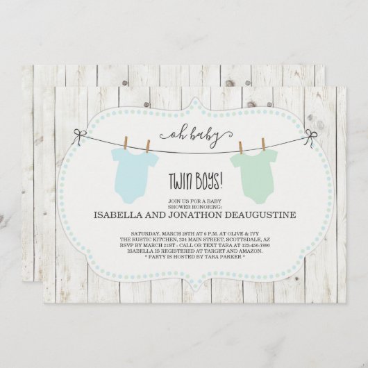 ツインボ素朴ーイズ用ベビーシャワー招待状 招待状 (正面/裏面)