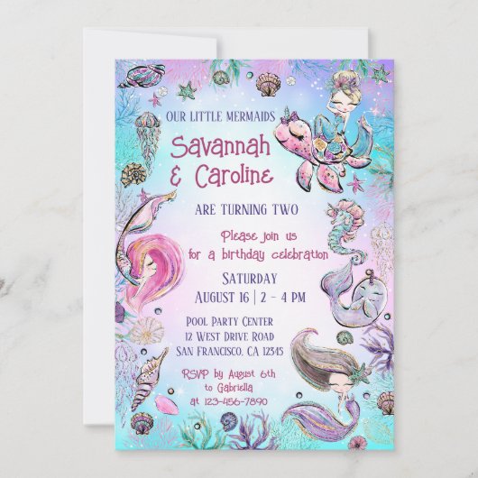 ツインマーメイドガールズ誕生日アンダーザシーパーティー 招待状 (正面)
