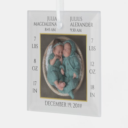 ツインミニマルベビー名誕生統計フォトキープサケ ガラスオーナメント (正面左)