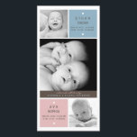ツインモダンベビー写真誕生のお知らせ 案内状<br><div class="desc">katkadoodle.comによる双子の美しい誕生の発表で、新しい小さなモダン子供を世界に紹介しよう。柔らかわいらしかなピンクとブルーの背景コンテンポラリーは、モチャ茶のタイポグラフィとシンプルあなたの甘い男の赤ちゃんと女の子の3つのポートレートの写真を特徴とするスタイル。双子の男の子と双子の女の子にも利用可能。</div>
