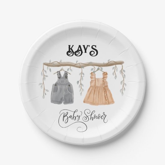 ツインユニセックスグリーンリーフローラベビーシャワー ペーパープレート (正面)