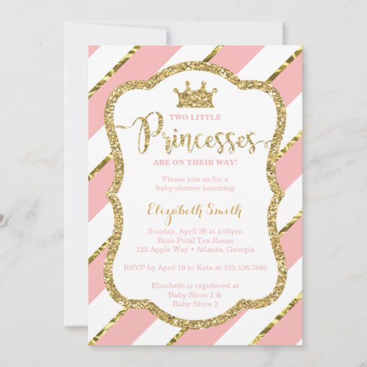 ツインリトルプリンセスシャワー招待状フェイクグリッター 招待状 (正面)