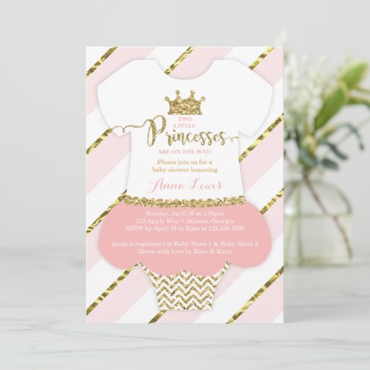 ツインリトルプリンセスシャワー招待状フェイクグリッター 招待状 (スタンド正面)