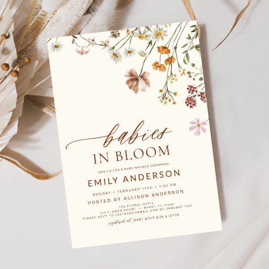 ツインワイルドフラワーベビーイン開花ベビーシャワー 招待状