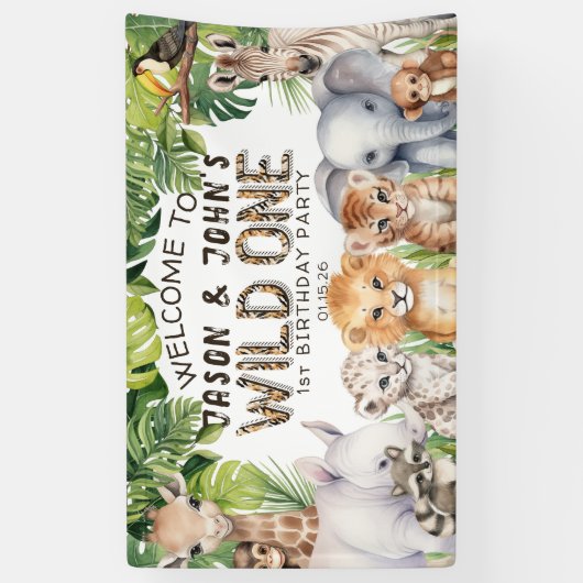 ツインワイルドワンズ1stバースデーサファリをテーマにした歓迎 横断幕 (縦)