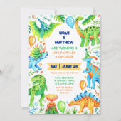 ツイン兄弟姉妹ジョイント恐竜誕生日ボーイズ写真 招待状 (正面)
