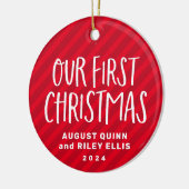 ツイン初めてのクリスマス赤パーソナライズされたベビー写真 セラミックオーナメント (左)