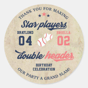 ツイン又は兄弟姉妹野球ダブルヘッダー誕生日 ラウンドシール