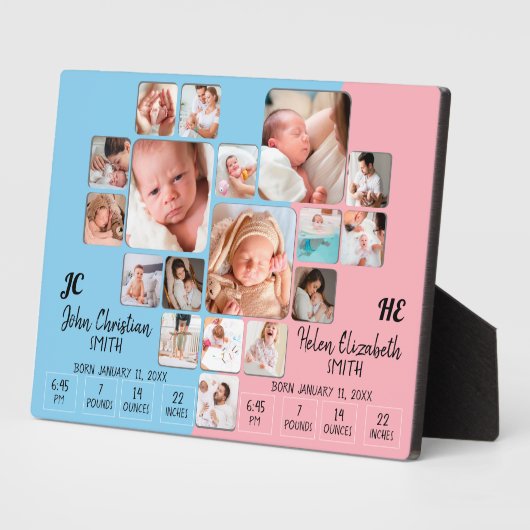ツイン生まれたばかりのベビー統計フォトコラージュモノグラム フォトプラーク (側面)