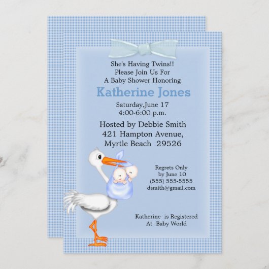 ツイン男の赤ちゃんシャワー招待状(Stork) 招待状 (正面/裏面)