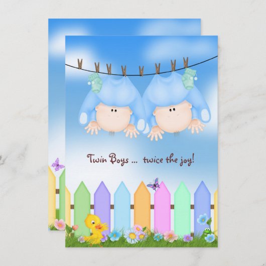 ツイン男の赤ちゃんシャワー 招待状 (正面/裏面)