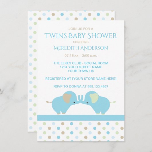 ツイン男の赤ちゃんゾウベビーシャワー招待状 招待状 (正面/裏面)