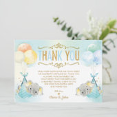 ツイン男の赤ちゃんゾウ赤ちゃんシャワー散水 サンキューカード (スタンド正面)