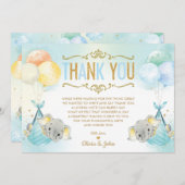 ツイン男の赤ちゃんゾウ赤ちゃんシャワー散水 サンキューカード (正面/裏面)