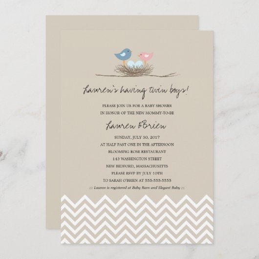 ツイン男の赤ちゃんバードズネストベビーシャワー 招待状 (正面/裏面)