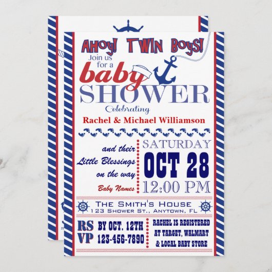 ツイン航海の男の赤ちゃんシャワー招待状 招待状 (正面/裏面)