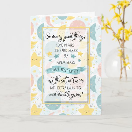 ツイン誕生ベビーおめでとう衛星と星 カード (黄色い花)