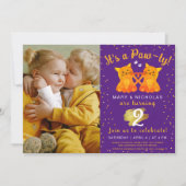 ツイン誕生日またはジョイントパーティー子猫パープル写真 招待状 (正面)