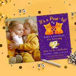 ツイン誕生日またはジョイントパーティー子猫パープル写真 招待状