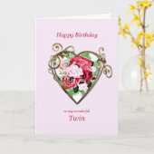 ツイン誕生日アンティーク絵を描バラ カード (黄色い花)