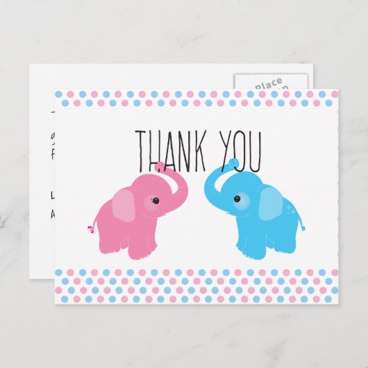 ツイン象の赤ちゃんシャワーありがとう ポストカード (正面/裏面)