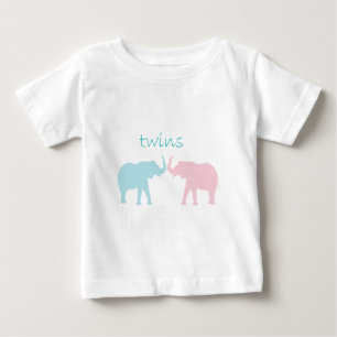 ツイン象ピンクとブルー ベビーTシャツ