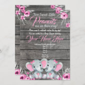 ツイン象ベビーシャワー招待状、素朴、ピンク 招待状 (正面/裏面)