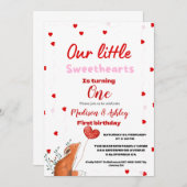 ツイン赤いハートバレンタインズデイスウィート誕生日 招待状 (正面/裏面)