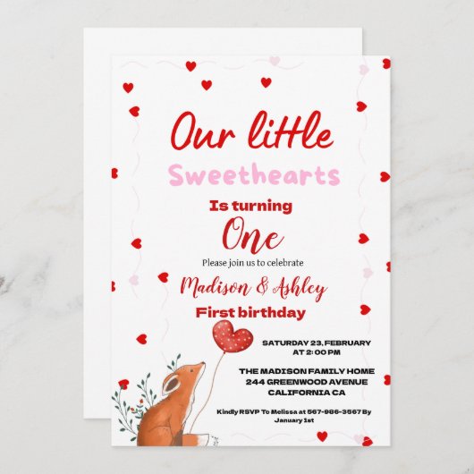 ツイン赤いハートバレンタインズデイスウィート誕生日 招待状 (正面/裏面)