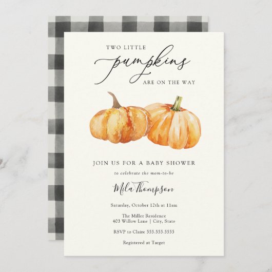 ツイン赤ちゃんのための小さなかぼちゃの2つのベイビーシャワー招待状 招待状 (正面/裏面)